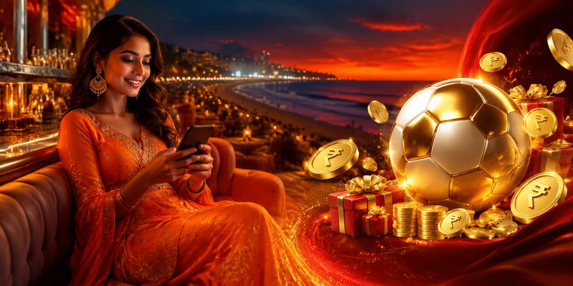 Chennai Marina Beach with football and rupee symbols representing sports betting